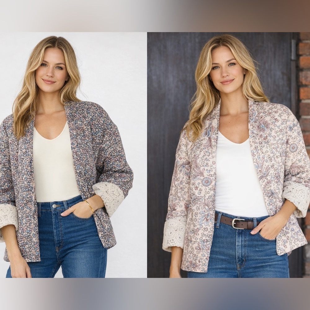 Lovestitch Reversible Floral Quilted Jacket with  Lace Cuffs|| SIze Large|NWT